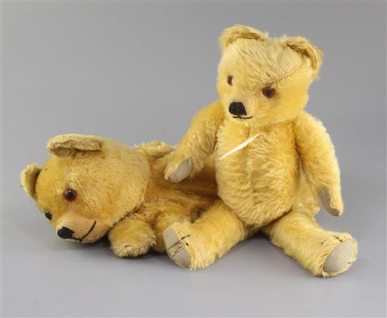 An Omega Pyjama case 1930s, Merrythought bear 1940s, tallest 14in.